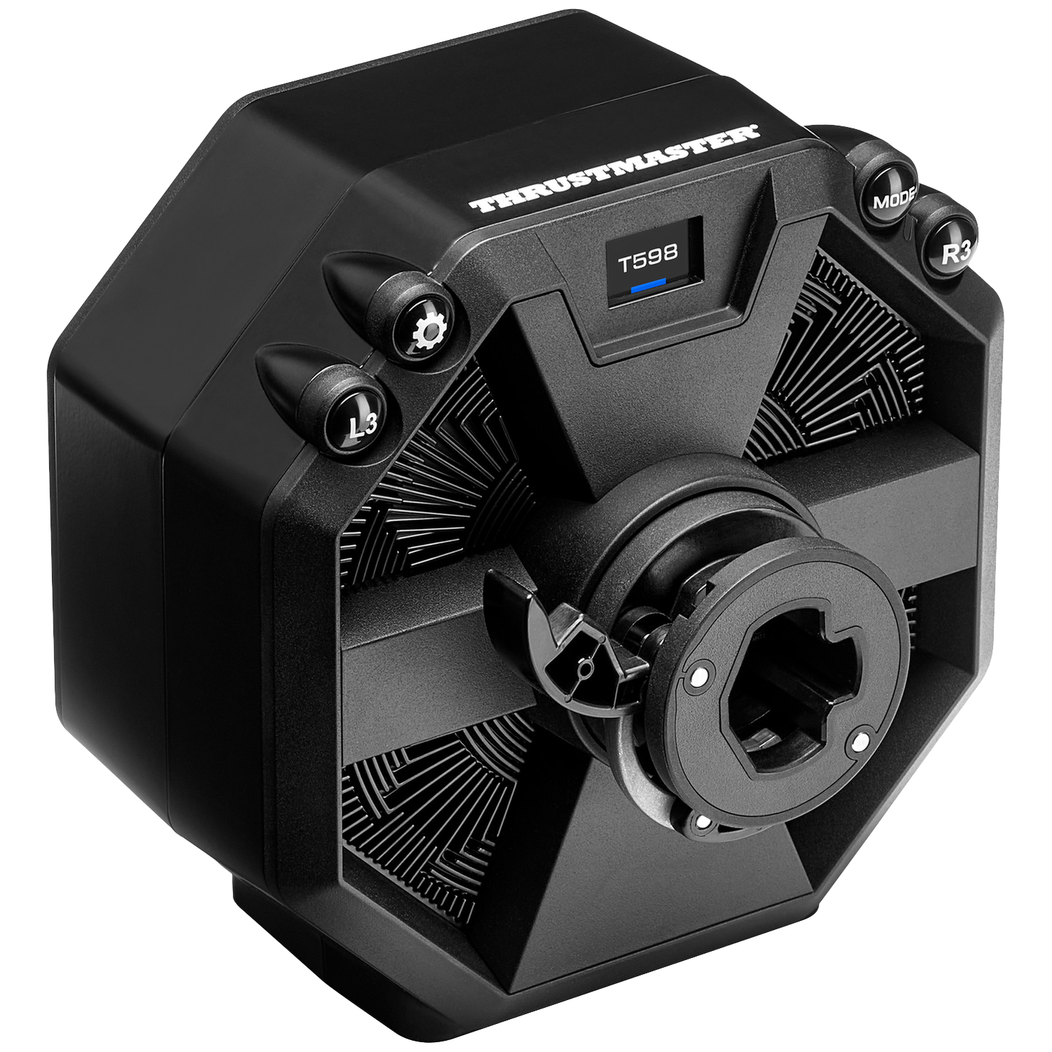 Zwart Thrustmaster T598 racestuur. Voorzien van knoppen, versnellingssymbolen en een display. Het ontwerp van het stuur omvat meerdere hoekige secties.