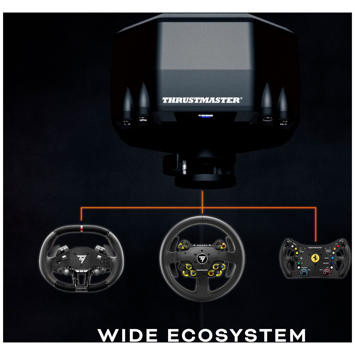Afbeelding toont een Thrustmaster race-stuurwiel-ecosysteem met een basis en drie verschillende wielen. Tekst onderaan luidt 'WIDE ECOSYSTEM'.