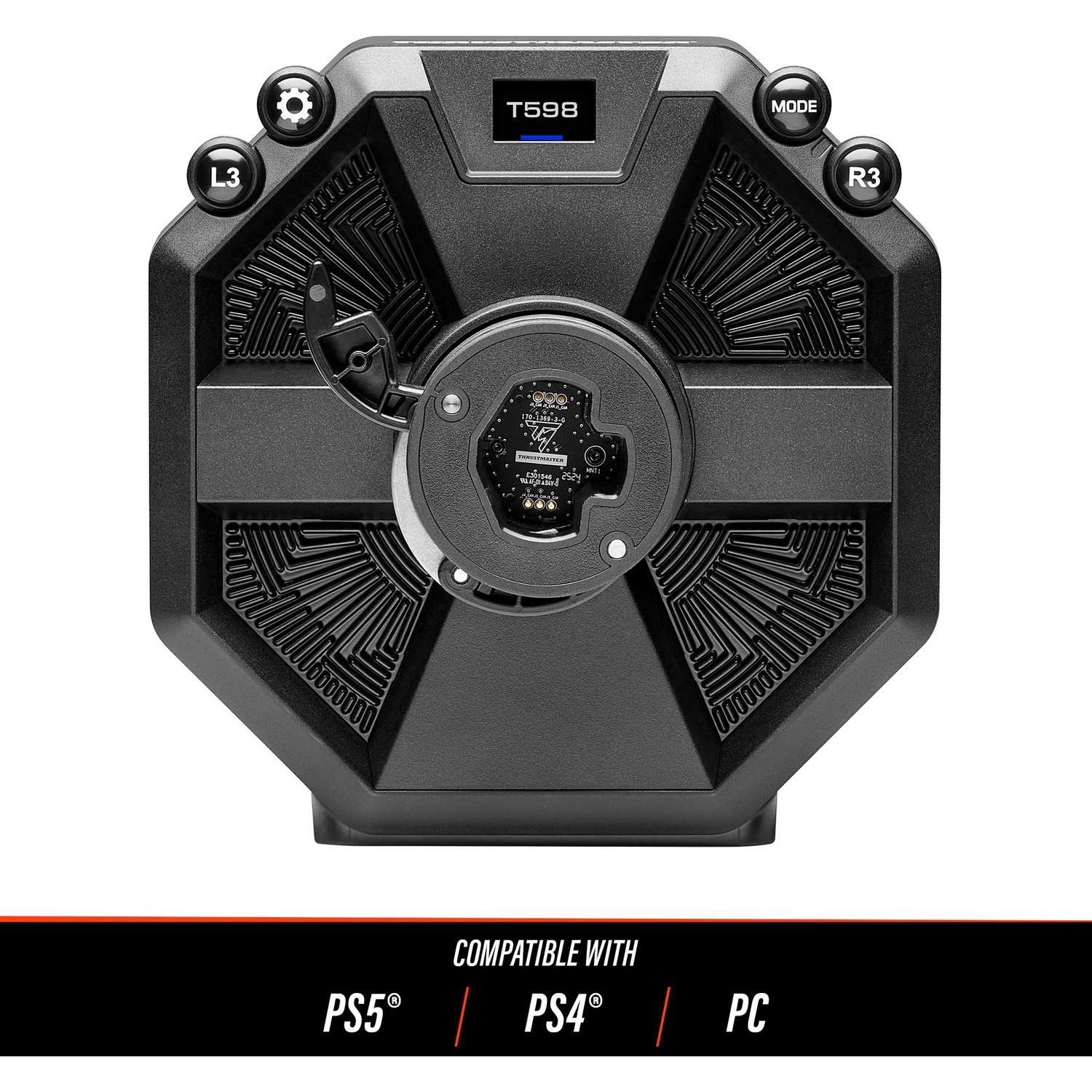Zwart stuur met knoppen en tekst. Het is compatibel met PS5, PS4 en PC.