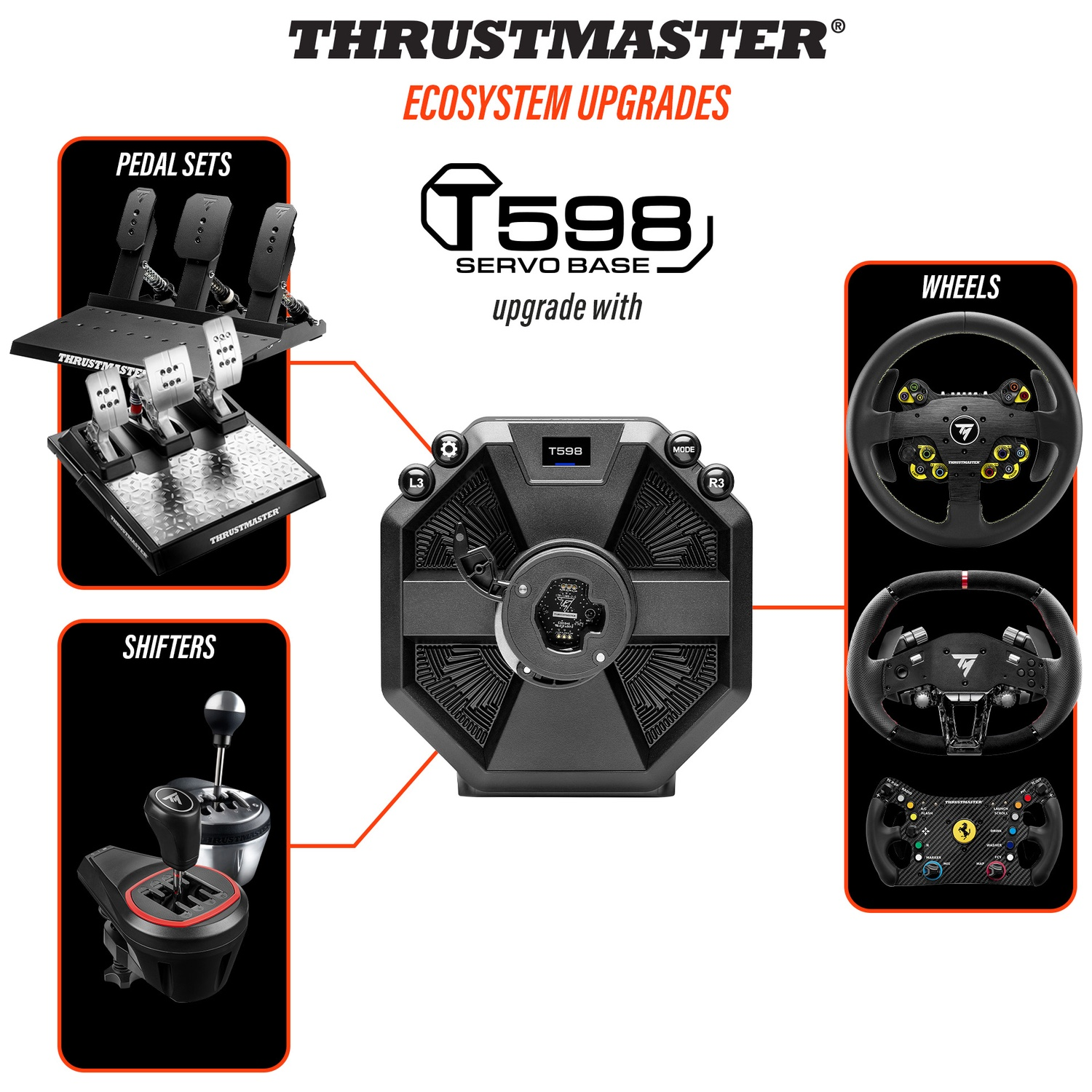 Afbeelding toont Thrustmaster producten: pedaalsets, shifters en stuurwielen, gecentreerd rond een T598 servo base, met zwarte en rode accenten.