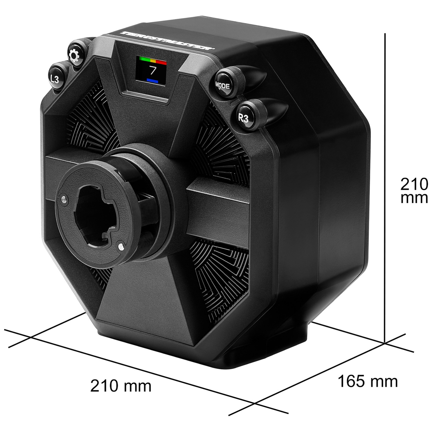 Zwart Thrustmaster racestuur met knoppen, scherm en afmetingen. Voorzien van L3, R3, Mode knoppen en een centrale naaf.