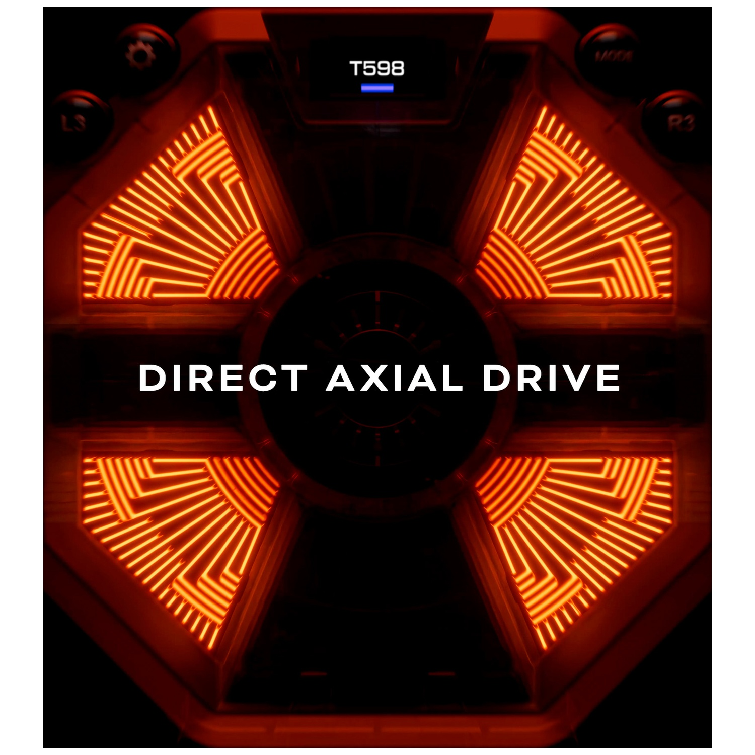 Zeshoekig ontwerp met oranje gloeiende patronen. Tekst luidt 'DIRECT AXIAL DRIVE' en 'T598'. Knoppen 'L3', 'R3' en 'MODE' zijn zichtbaar.