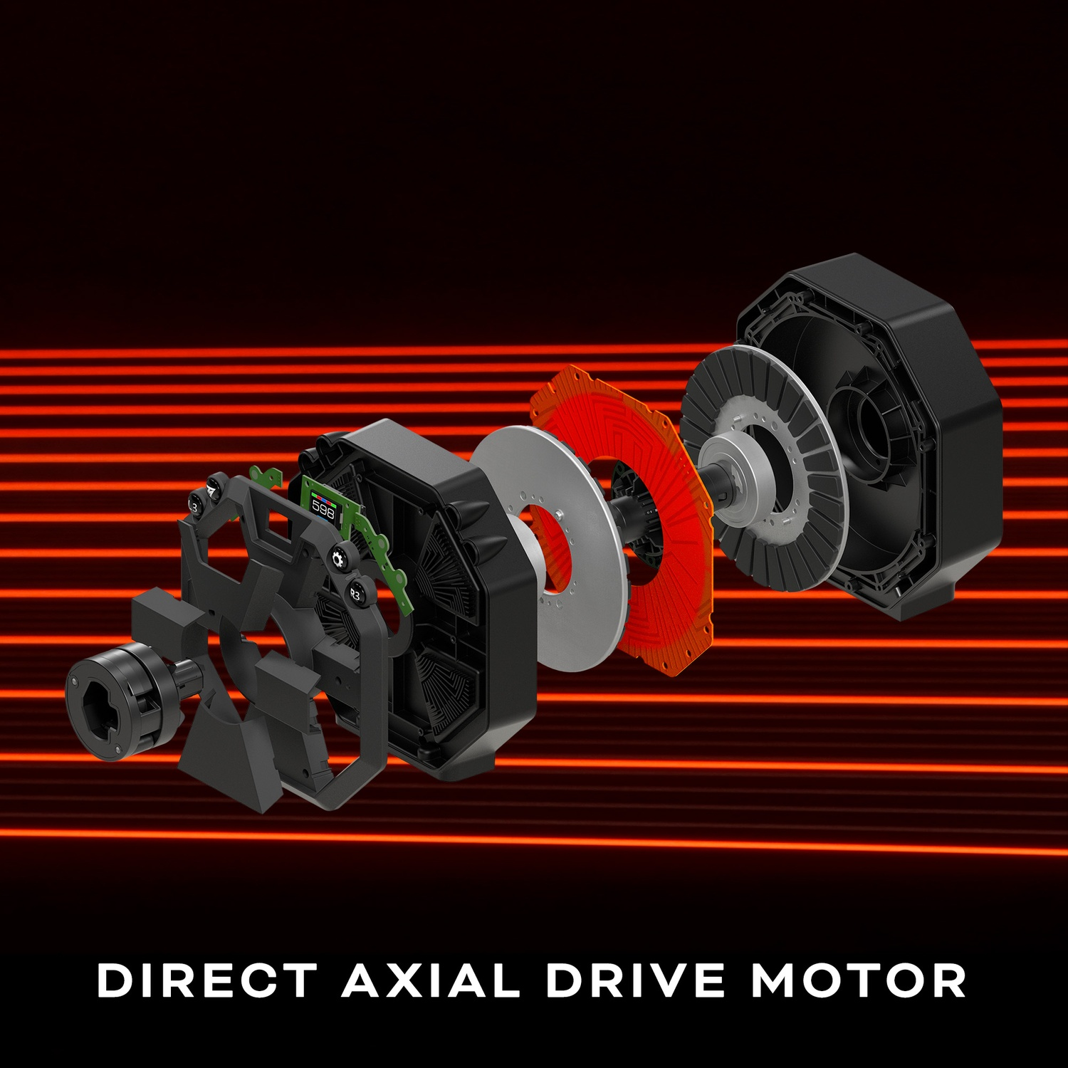 Een ontplofte weergave van een directe axiale aandrijfmotor. Componenten in zwart, zilver, rood en groen tegen een rood gestreepte zwarte achtergrond.