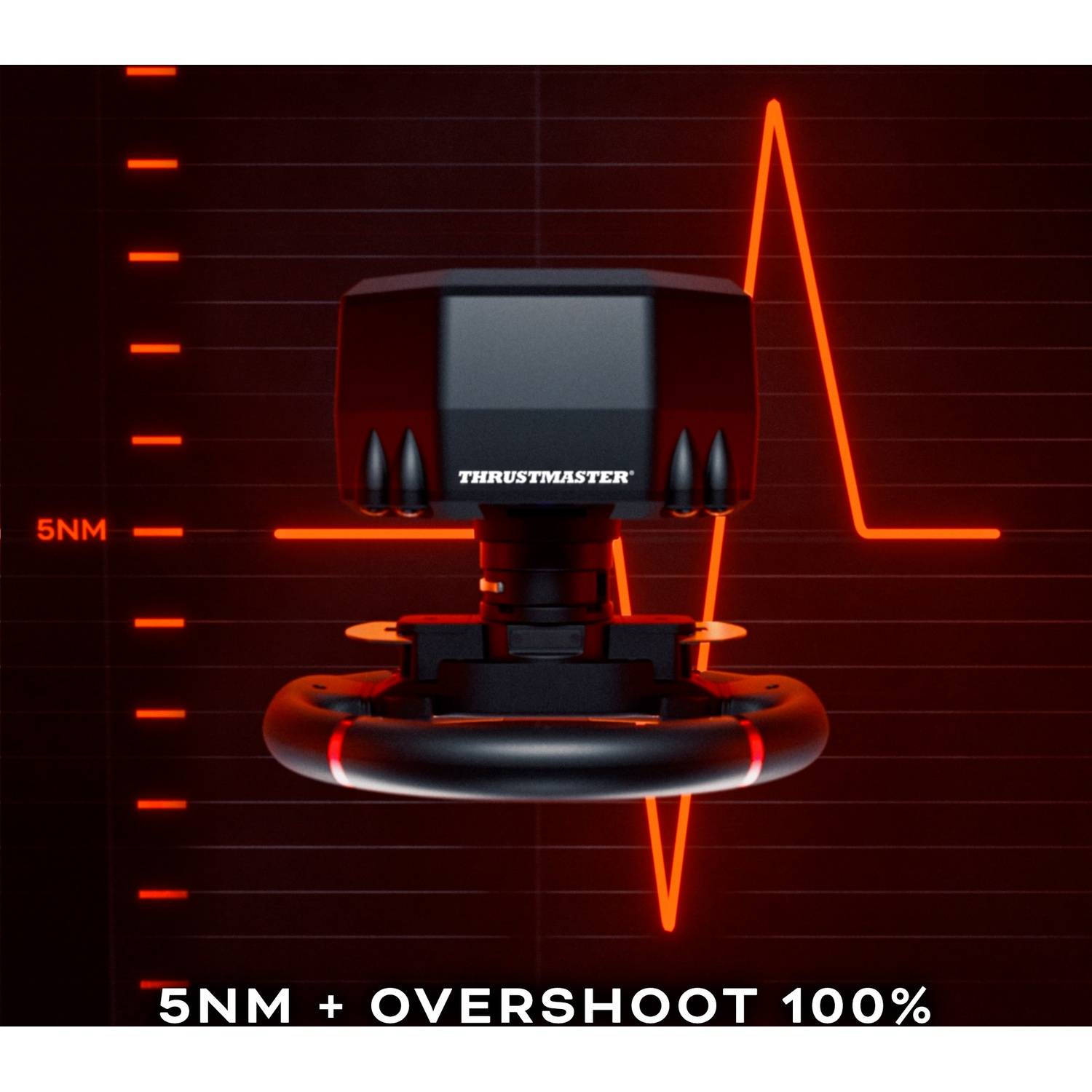 Een zwart Thrustmaster stuurwiel, met rode accenten, tegen een rode grafiekachtergrond. Tekst luidt: 5NM + OVERSHOOT 100%.