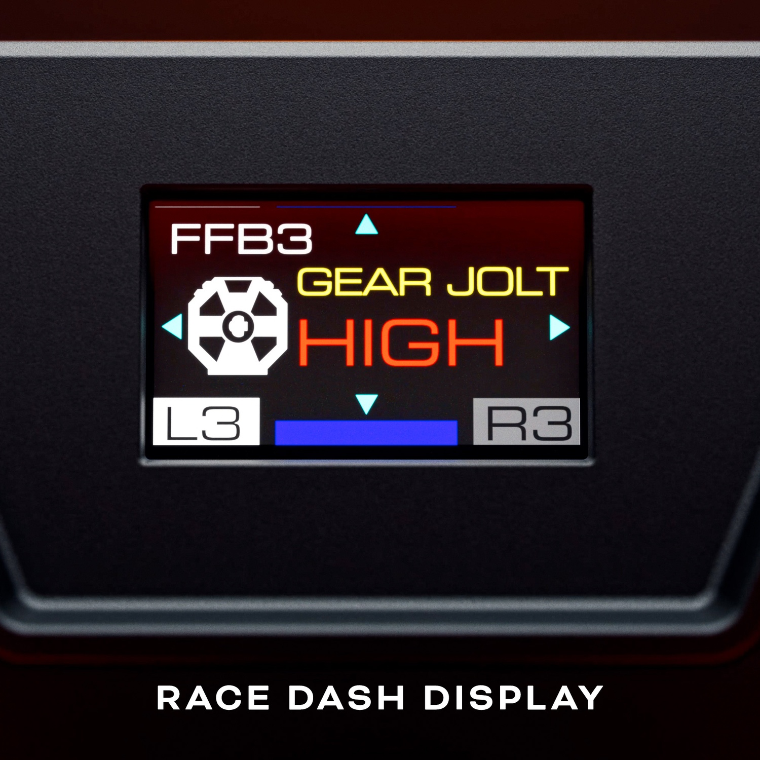 Een race-dashboarddisplay met versnellingsinformatie. Het toont FFB3, Gear Jolt en High. Er zijn L3- en R3-indicatoren.