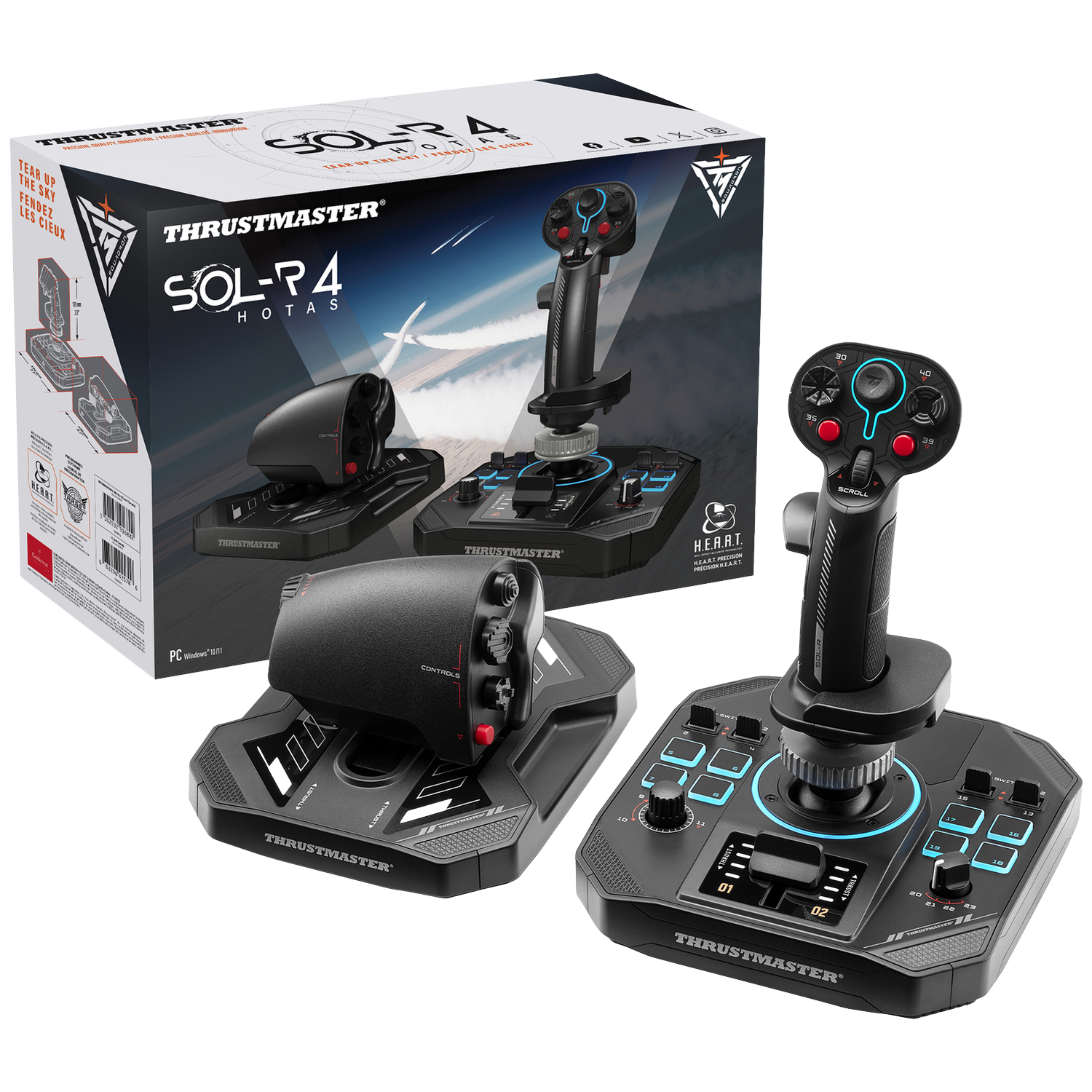 Een Thrustmaster SOL-P4 HOTAS joystick- en gashendelset staat voor de doos. De set is zwart met blauwe en rode accenten.