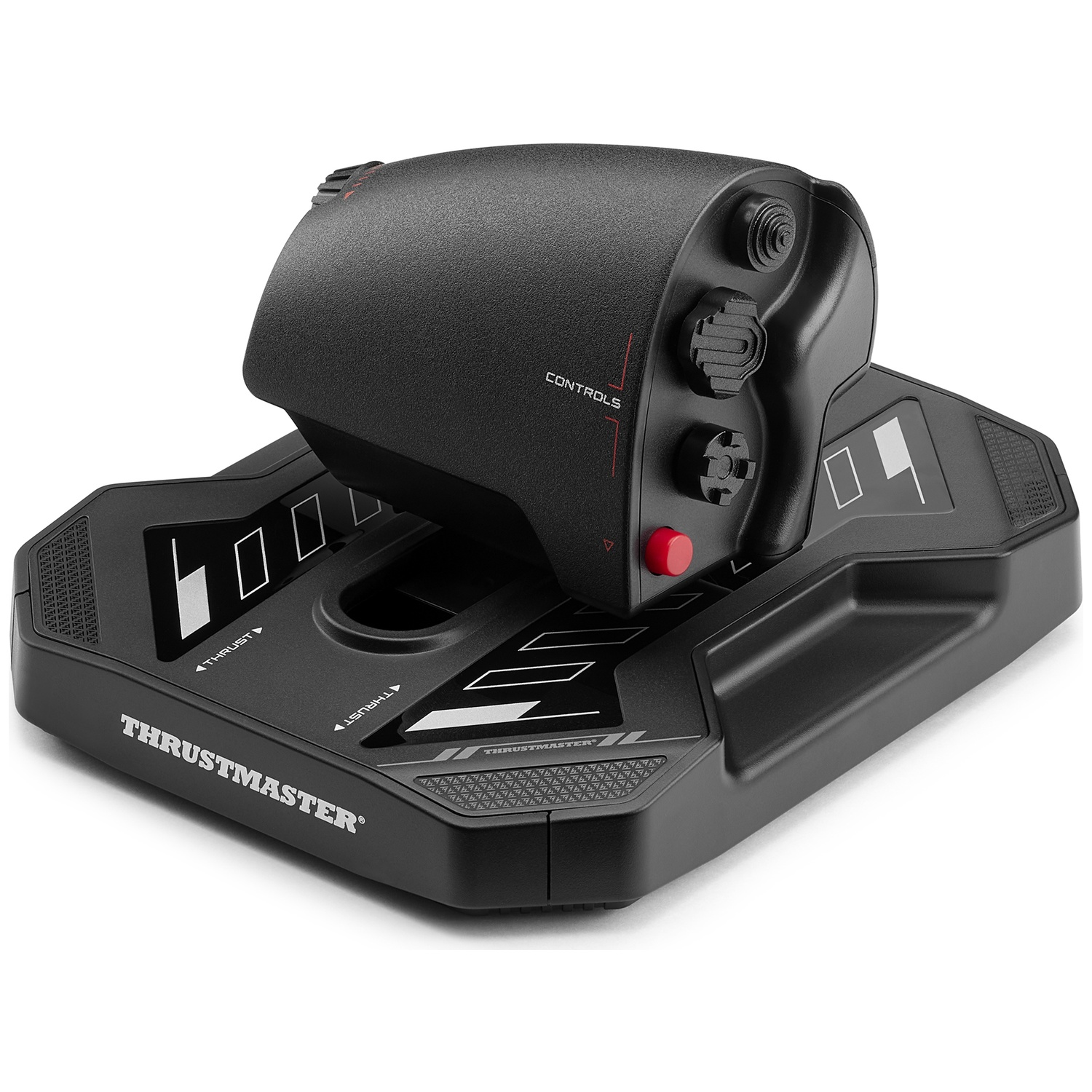 Een zwarte Thrustmaster flightstick. Het heeft verschillende bedieningselementen, een rode knop en staat op een zwarte basis met 'Thrustmaster'.