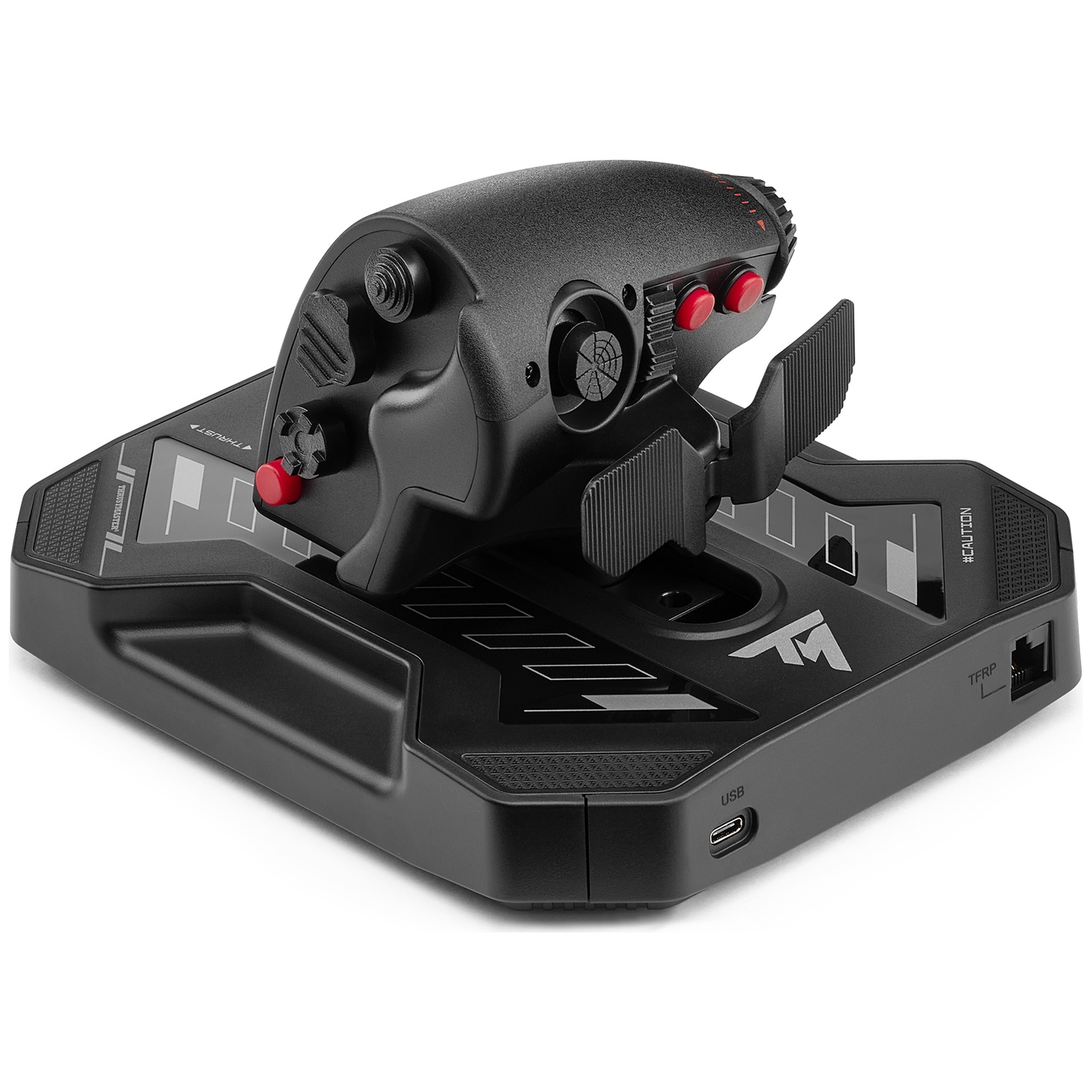 Een zwarte flightstick met rode knoppen en een basis. Het heeft een USB-poort en andere ingangspoorten. De basis heeft een TM-logo.