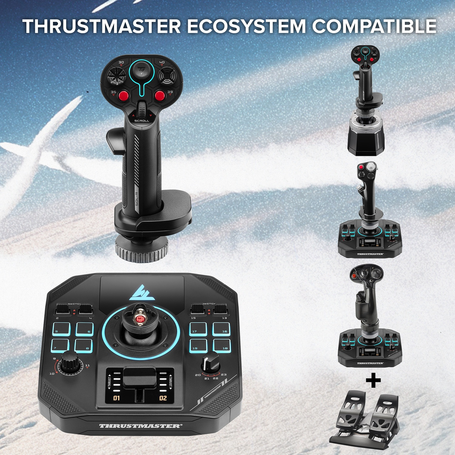 Afbeelding toont Thrustmaster flight sim controllers: joystick, gashendel en roerpedalen. Zwart en grijs, met blauwe accenten. Tekst: Ecosystem Compatible.