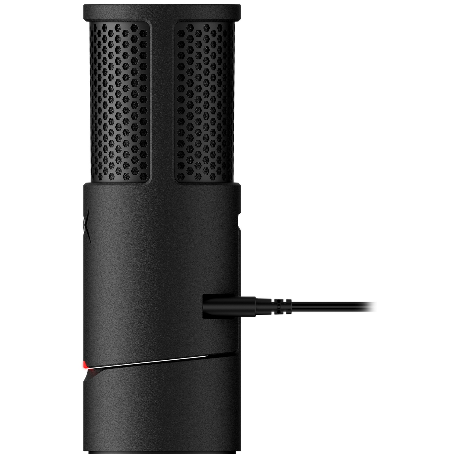Un microphone noir avec un dessus en mesh et un corps cylindrique. Un câble est branché. Une lumière rouge est visible en bas.