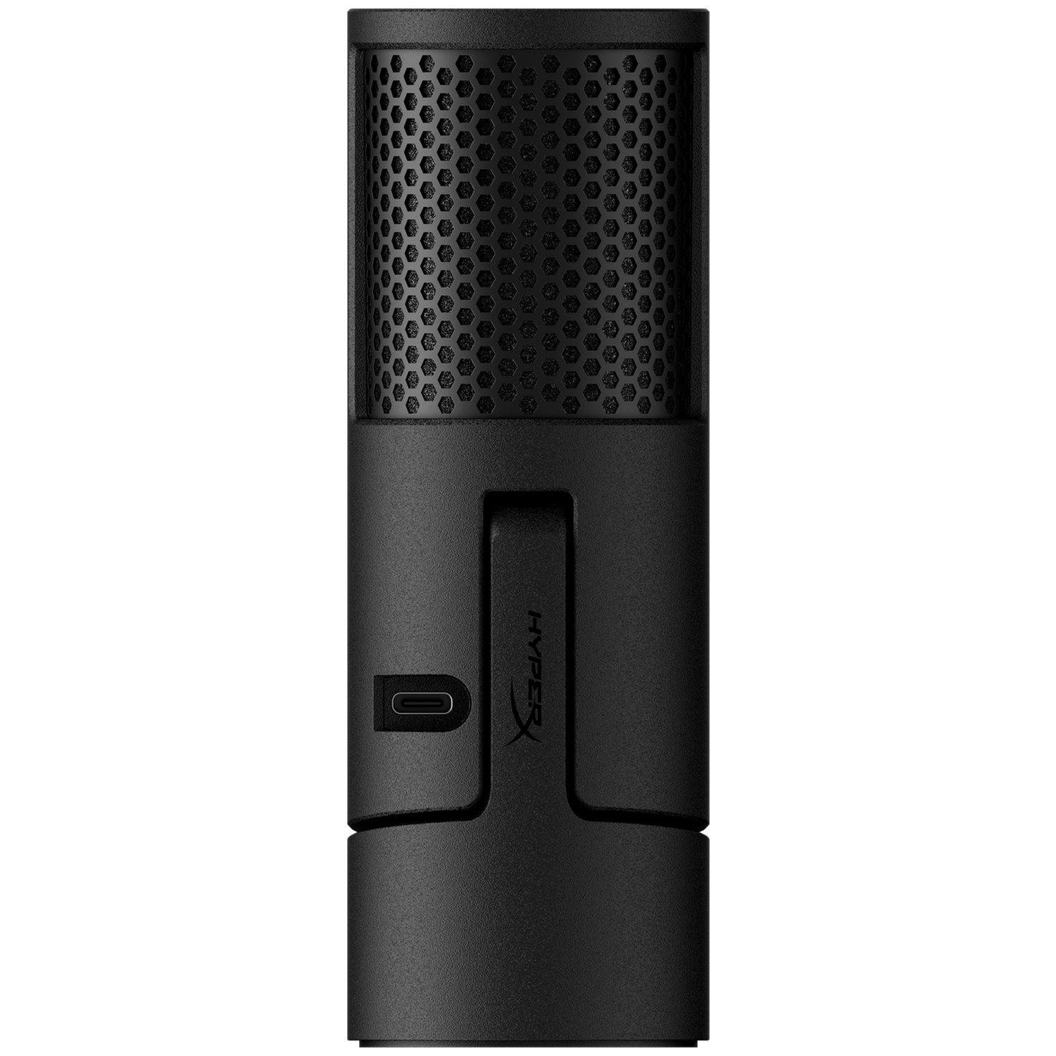 Un microphone noir avec un dessus en maille. Il possède un port USB-C et le logo HyperX. Le fond est blanc.