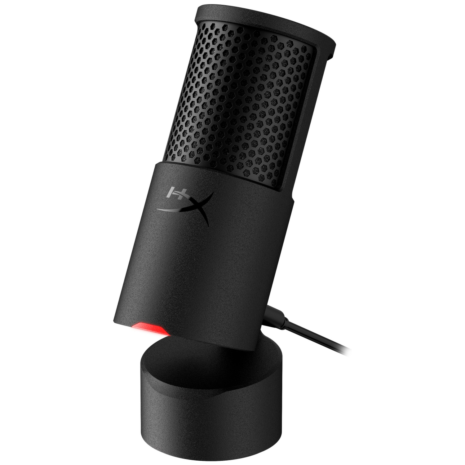 Un microphone noir sur une base noire. Le microphone a un dessus en mesh et une lumière rouge en bas. Un câble est connecté.