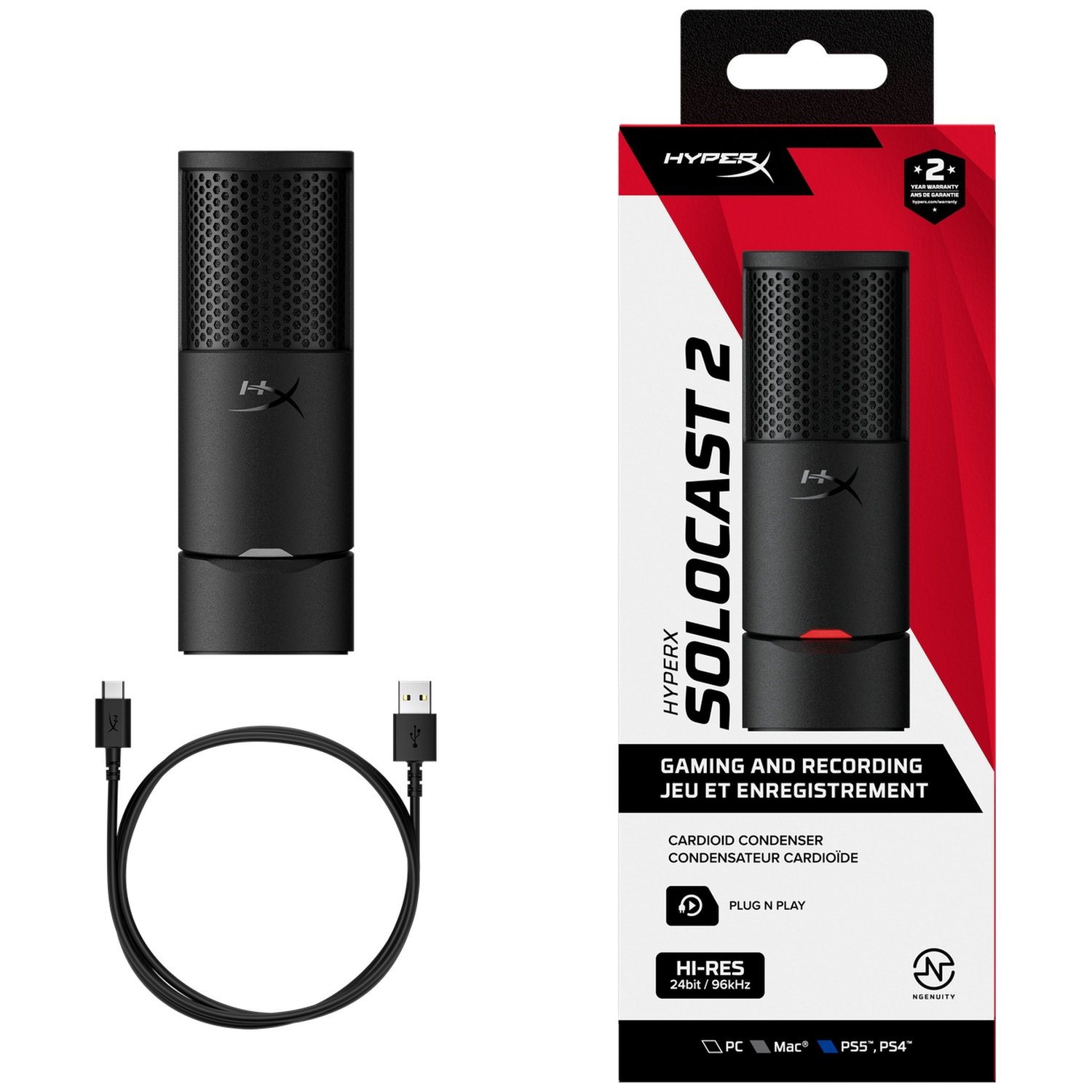 Microphone noir HyperX Solocast 2 avec câble USB et boîte. La boîte est rouge et noire, avec les informations du produit et le logo HyperX.