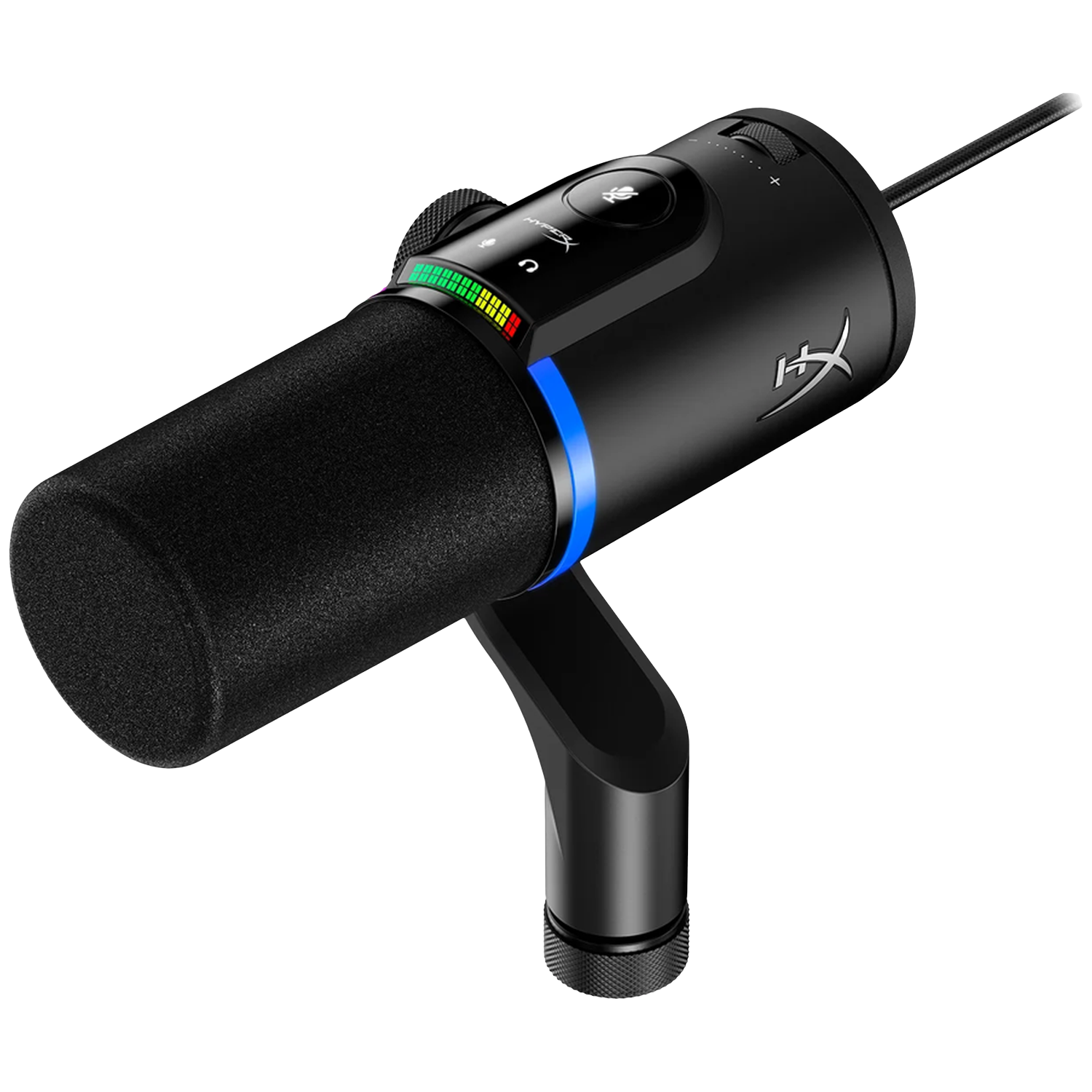 Un microphone noir avec une housse en mousse, un indicateur LED et un support. Il a un logo HyperX et un contrôle du volume.