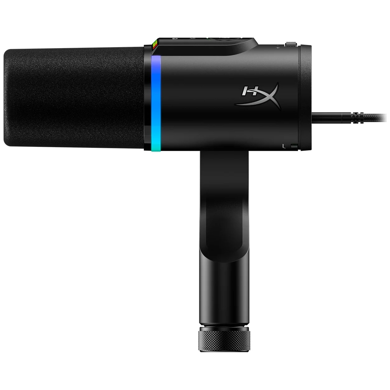 Un microphone noir avec une housse en mousse et un support. Le microphone a une bande lumineuse et un logo.