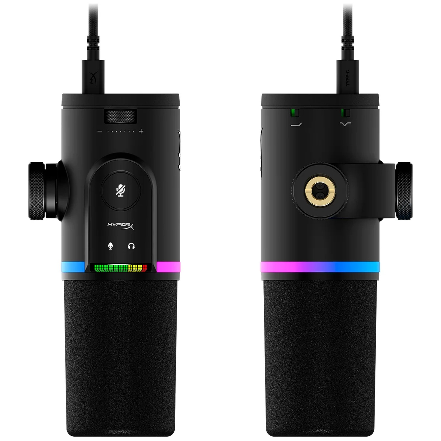 Deux micros noirs avec des lumières colorées. L'un affiche des commandes de gain et de micro, l'autre a un anneau doré.