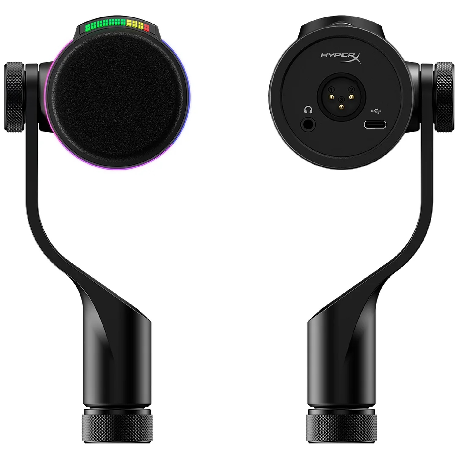 Deux microphones noirs. Celui de gauche a un dessus circulaire avec une housse en mesh et un anneau LED coloré. Le droit montre les ports et le logo.