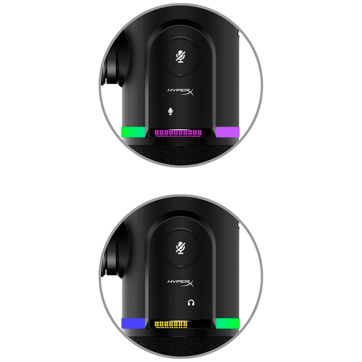 Gros plan d'un microphone noir avec des lumières colorées. Haut : lumières vertes, violettes. Bas : lumières bleues, jaunes et vertes.
