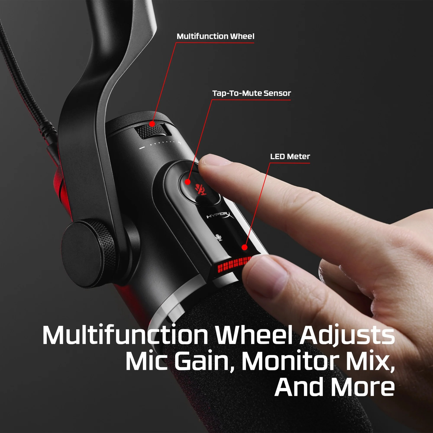 Un microphone noir avec des accents rouges. Une main appuie sur un bouton. Des étiquettes indiquent la molette multifonction, le tap-to-mute et le mètre LED.