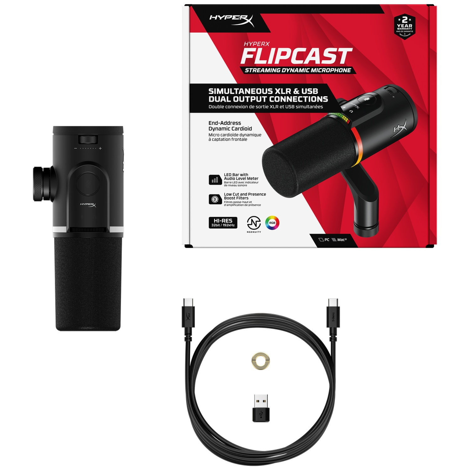 Un microphone HyperX Flipcast, une boîte et un câble. Le microphone est noir avec un accent rouge et jaune.