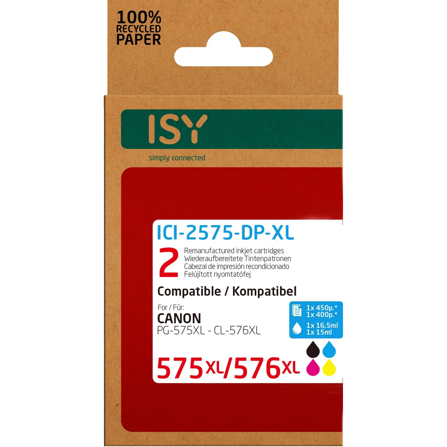 Cartridgebox met tekst: '100% Gerecycled papier', 'ISY', 'ICI-2575-DP-XL', compatibel met Canon PG-575XL - CL-576XL.