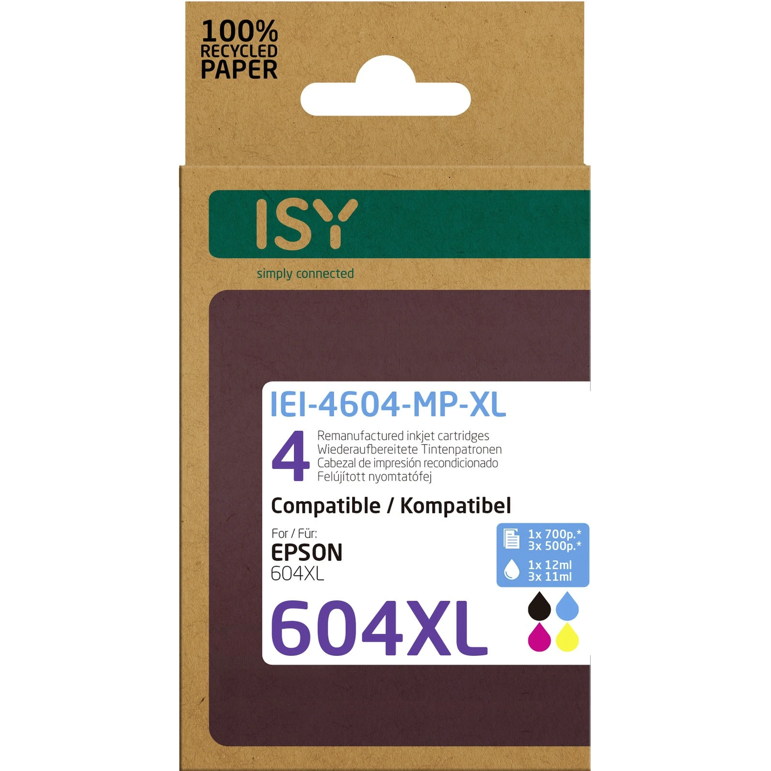 Inkjet cartridge doos. Bruin met tekst: ISY, 4, 604XL en Epson compatibiliteit. Inclusief kleurenindicatoren en inktvolume.