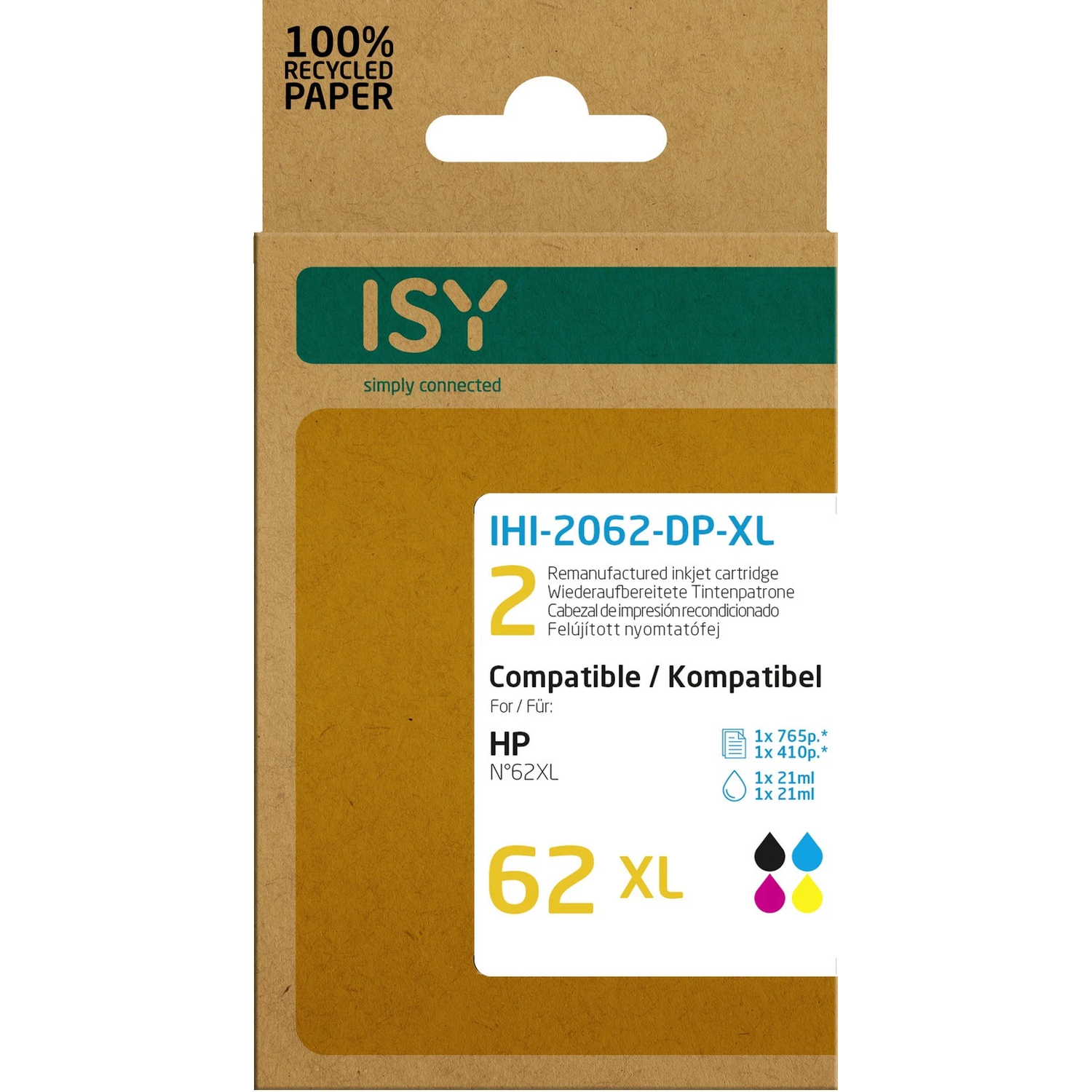 Kartonnen doos met tekst: ISY, IHI-2062-DP-XL, Compatibel met HP, en details van cartridges. Bevat recycling logo.