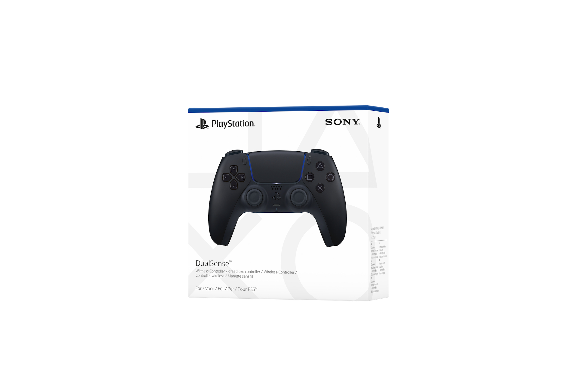 Schwarzer PlayStation 5 DualSense-Controller in seiner Box. Die Box hat PlayStation- und Sony-Logos.