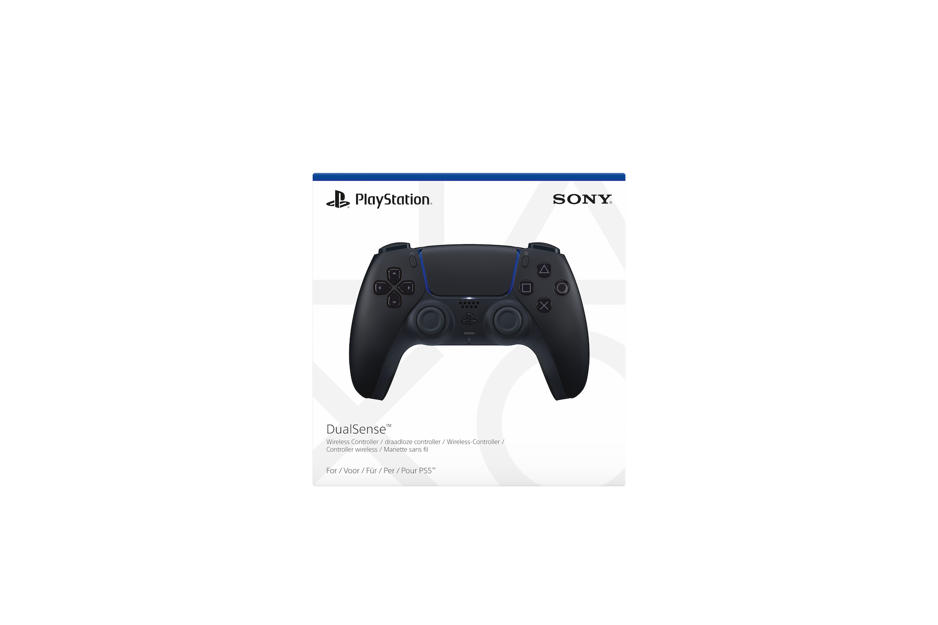 Schwarzer PlayStation DualSense-Controller. Es hat Knöpfe und Sticks. Die Verpackung ist weiß.