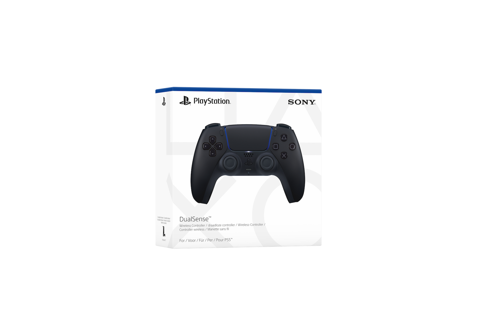 Schwarzer PlayStation 5 DualSense Wireless-Controller in der Verpackung. Auf der Box sind PlayStation- und Sony-Logos.