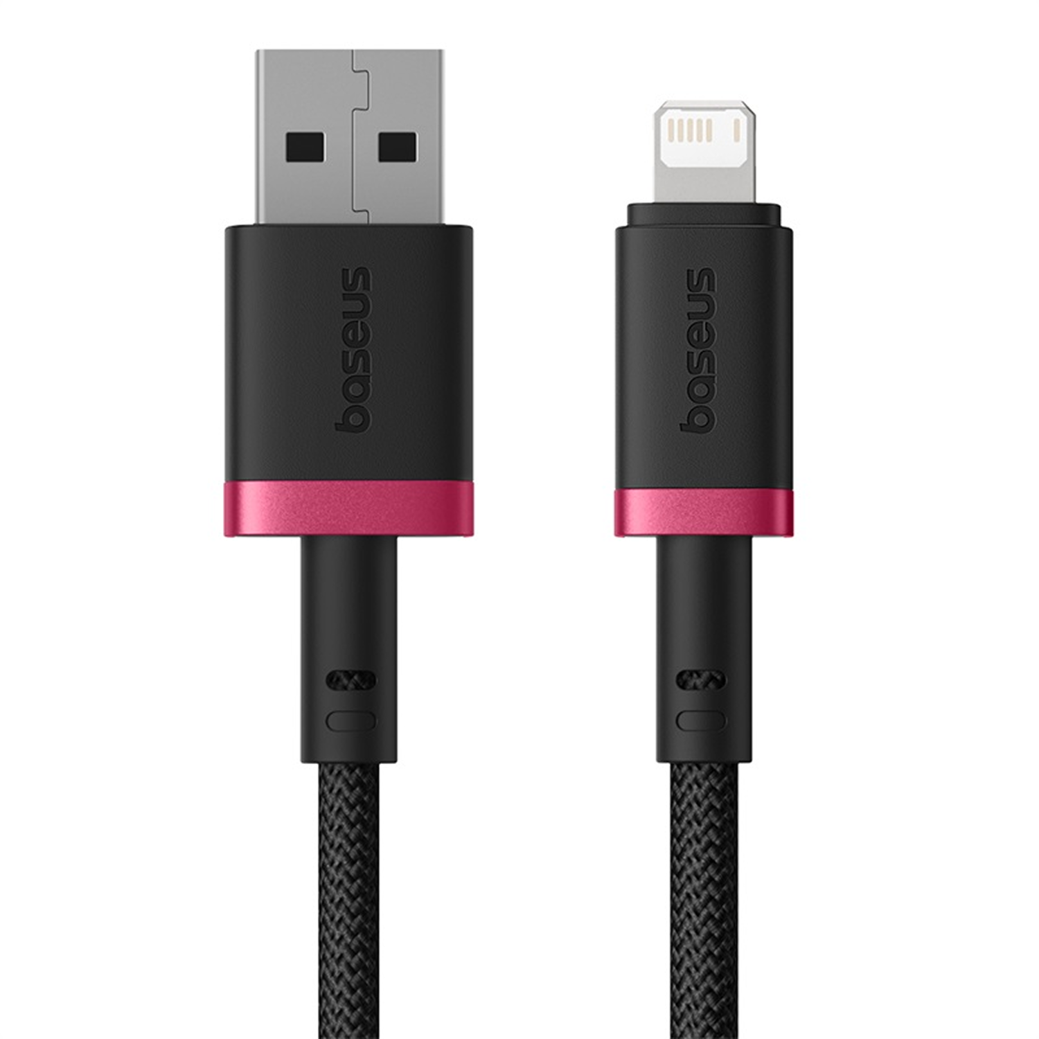 Un cable negro de USB a Lightning con un acento rosa. Los conectores son negros y el cable está trenzado. La marca es 'baseus'.