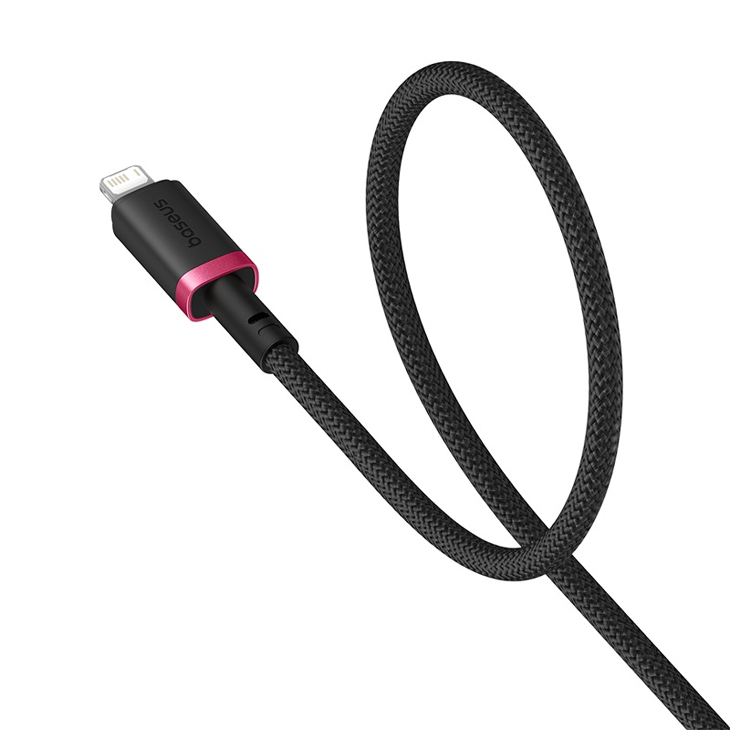 Un cable de carga Baseus negro y rosa. Tiene un diseño trenzado y el conector es negro con un acento rosa.