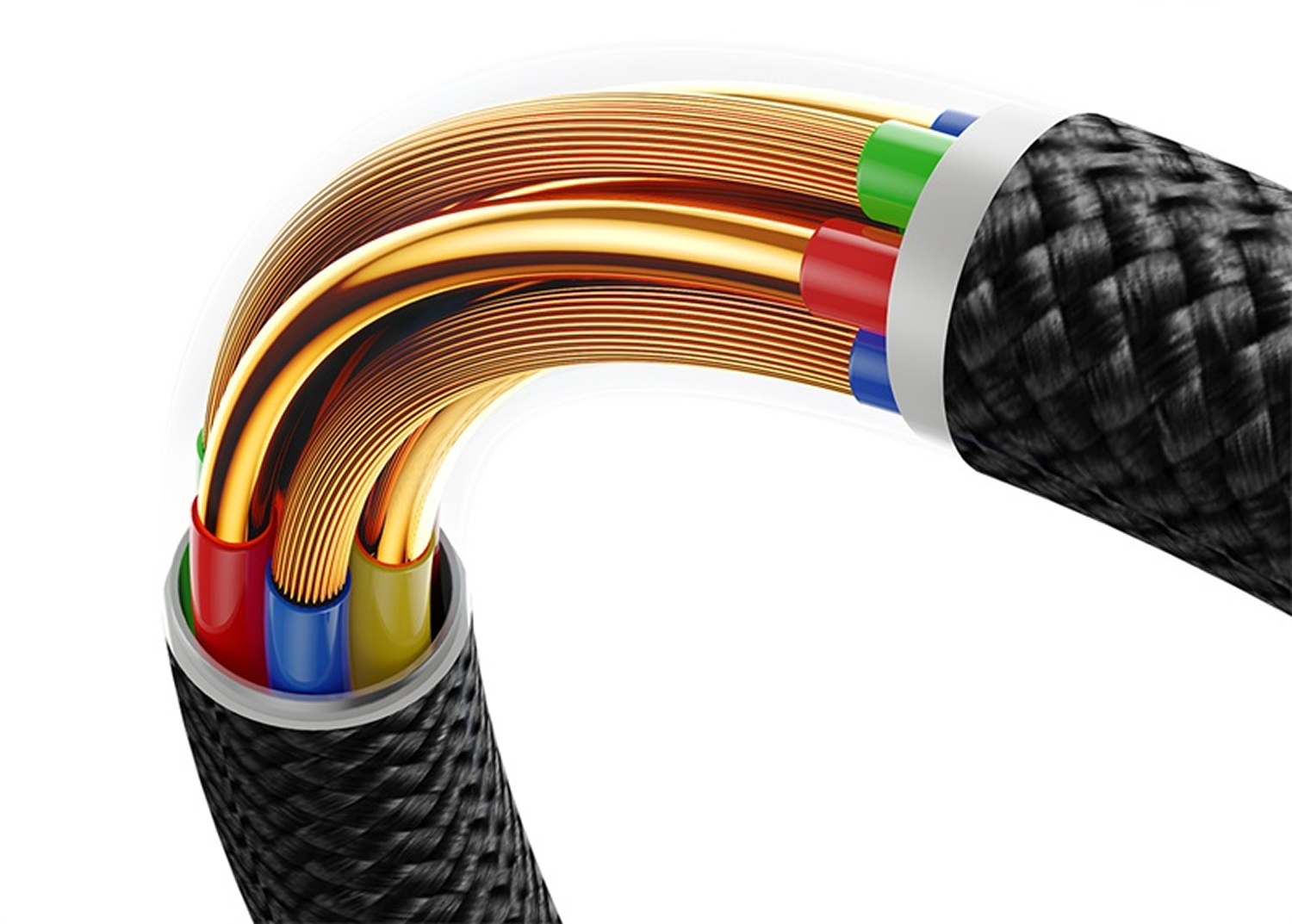 Primer plano de un cable con cables de cobre, cables de colores en el interior y un exterior trenzado negro.