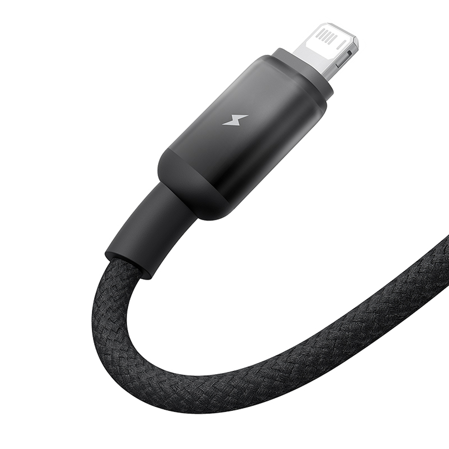 Un cable de carga negro con conector Lightning. El cable es trenzado y curvado. El conector tiene un símbolo de rayo.