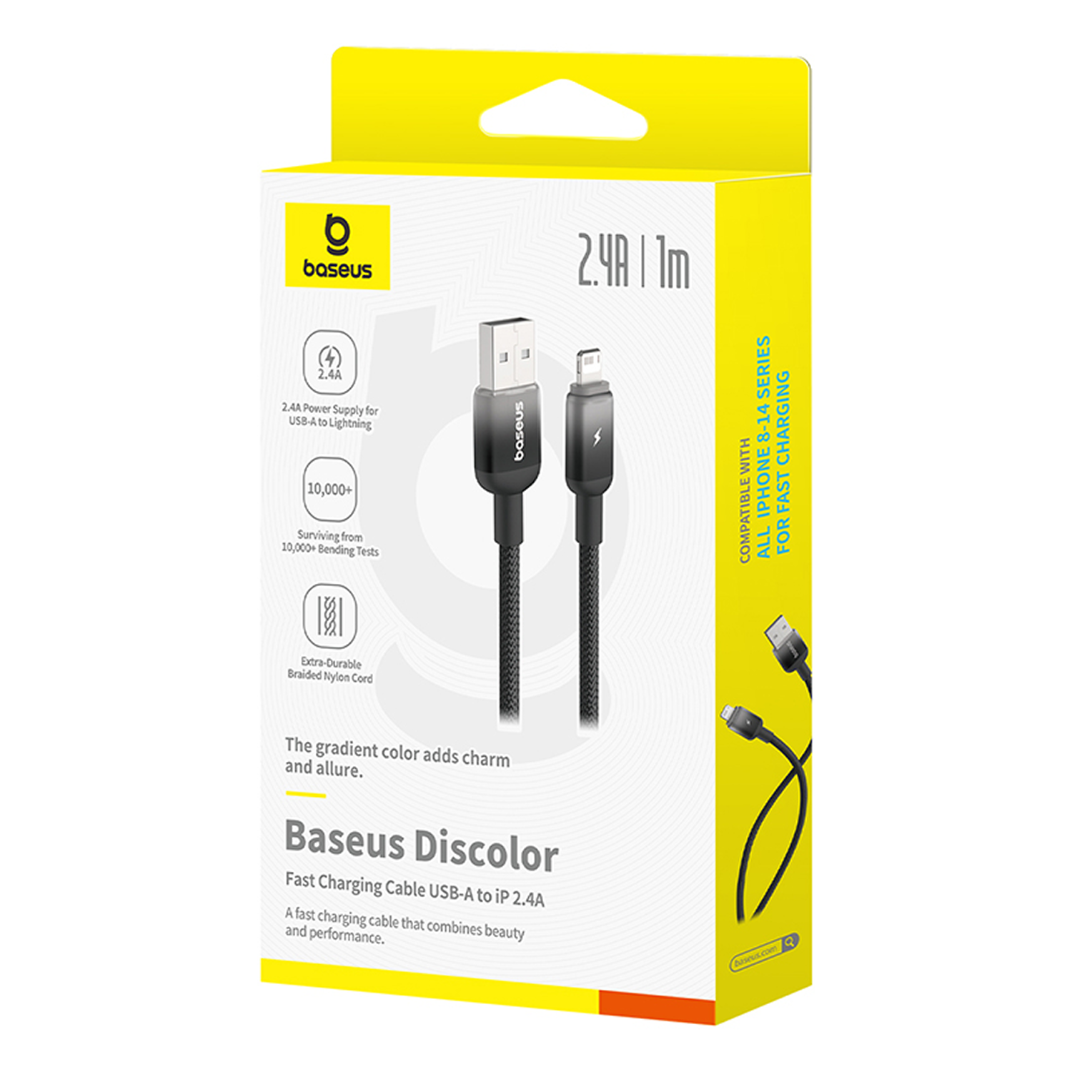 Caja de cable de carga Baseus Discolor. Es amarilla y blanca con un cable de carga negro dentro. El texto dice 2.4A y carga rápida.