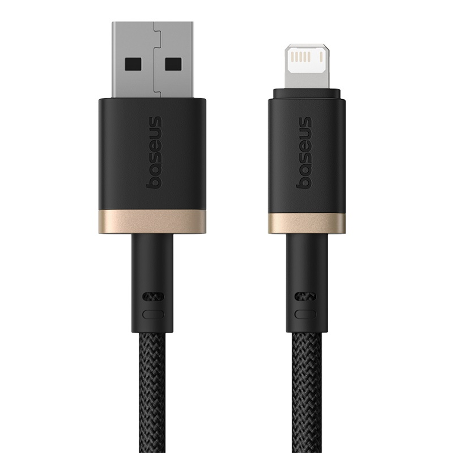 Un cable Baseus USB a Lightning negro y dorado. El extremo USB es rectangular, el extremo Lightning es un pequeño rectángulo.