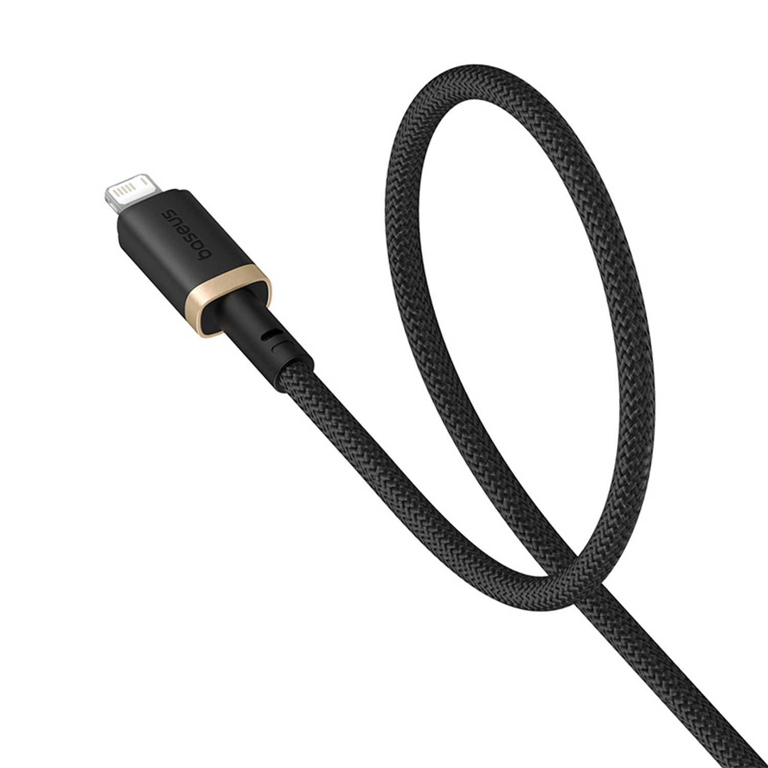 Un cable de carga negro Baseus con conector dorado. El cable está en bucle. Fondo blanco.