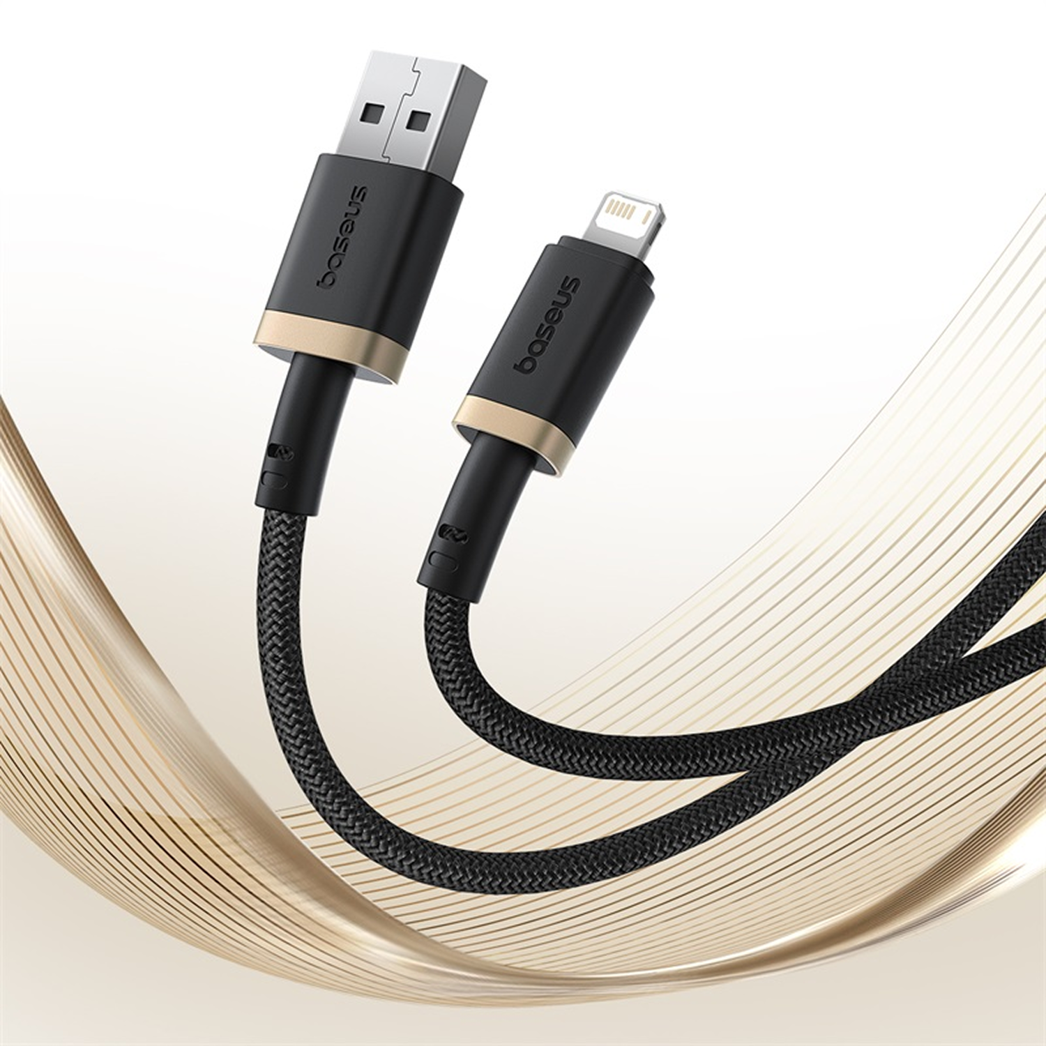 Dos cables de carga negros con detalles dorados, uno USB y otro Lightning. El fondo tiene líneas marrones claras.