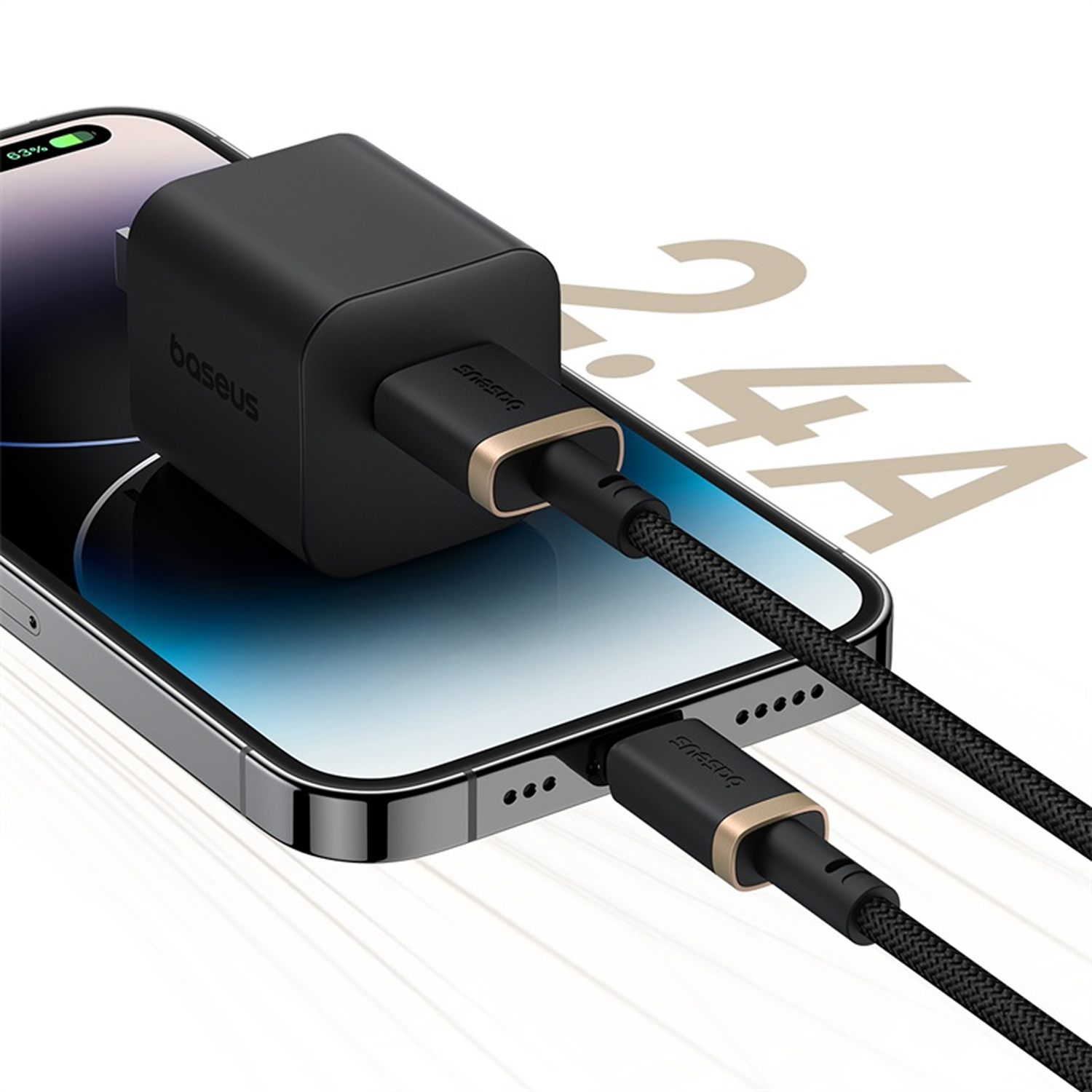 Un teléfono cargando con un cargador y cable negros. El teléfono muestra un 63% de batería. Fondo blanco con texto '2.4A'.
