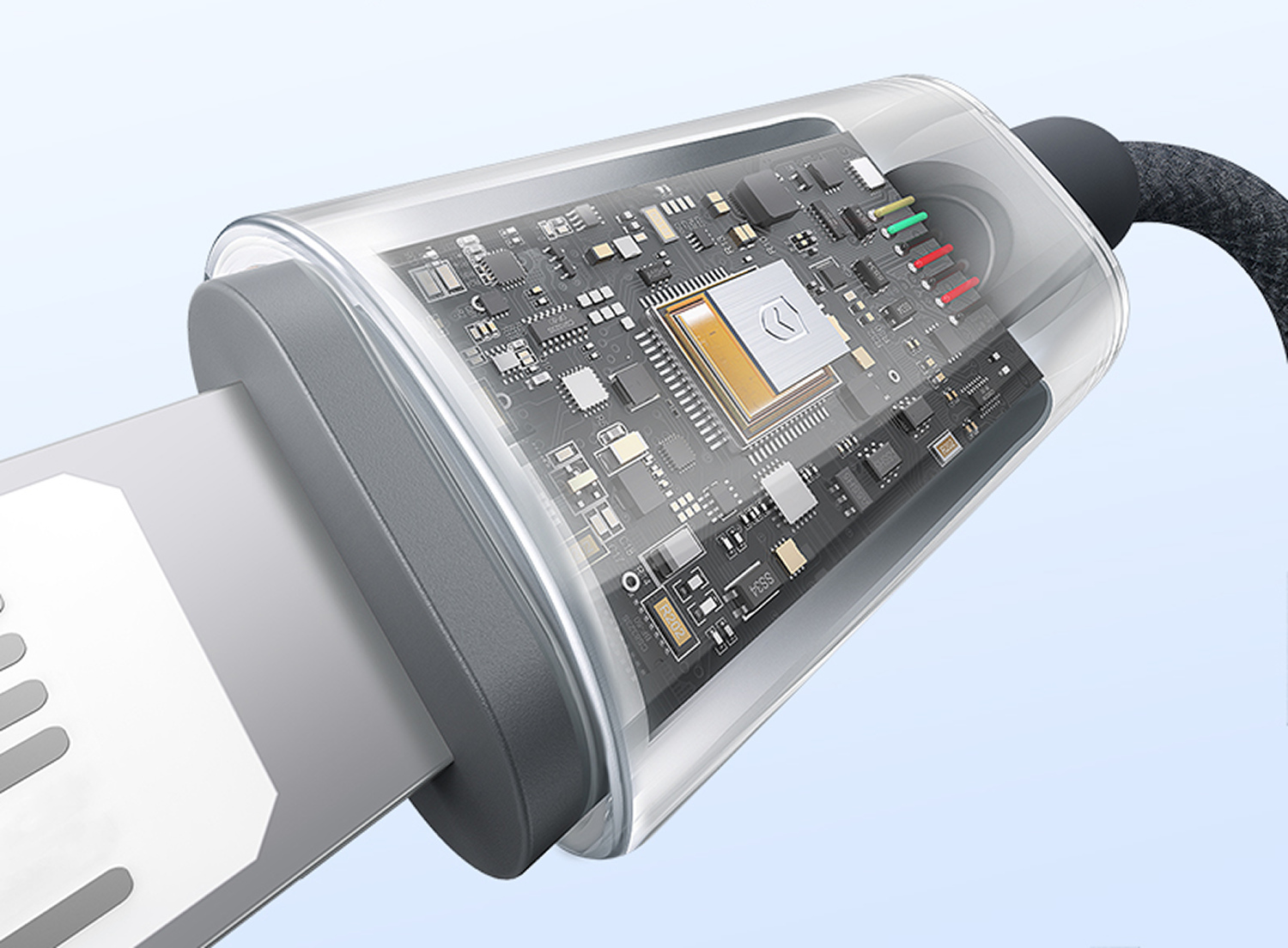 Primer plano de un cable USB-C con una carcasa transparente que revela los circuitos internos. Los cables son visibles. El fondo es azul claro.
