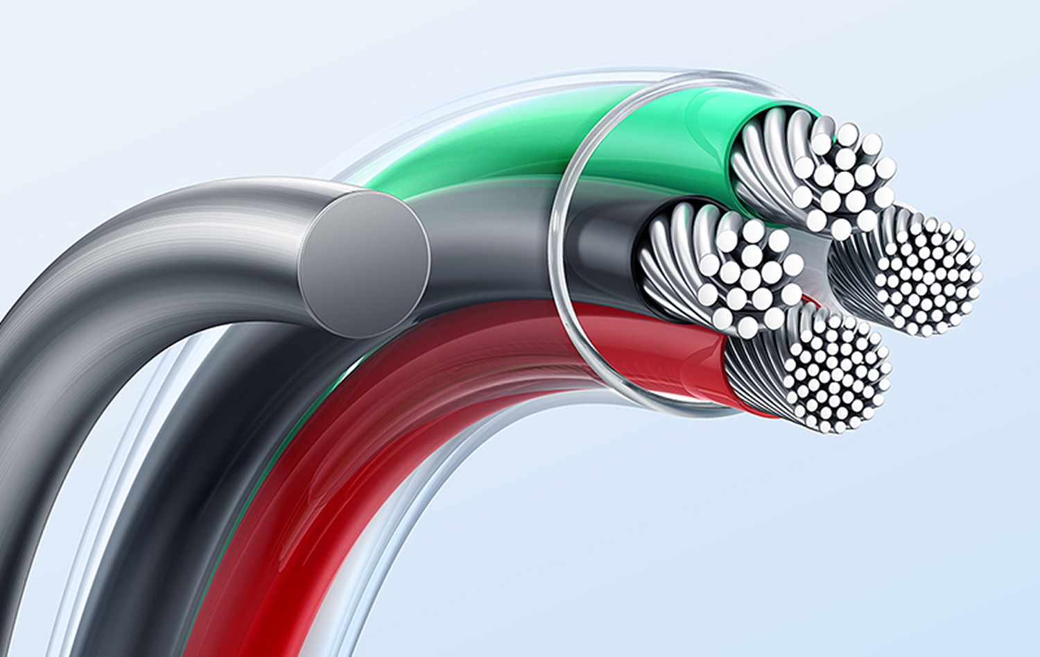 Primer plano de la sección transversal del cable. Muestra cables plateados dentro de cubiertas de colores: rojo, verde, negro. Cable exterior gris metálico.