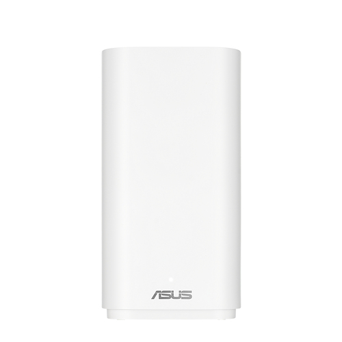 Se muestra un router ASUS blanco. Es cilíndrico, con el logotipo de ASUS en la parte inferior. El fondo es blanco liso.