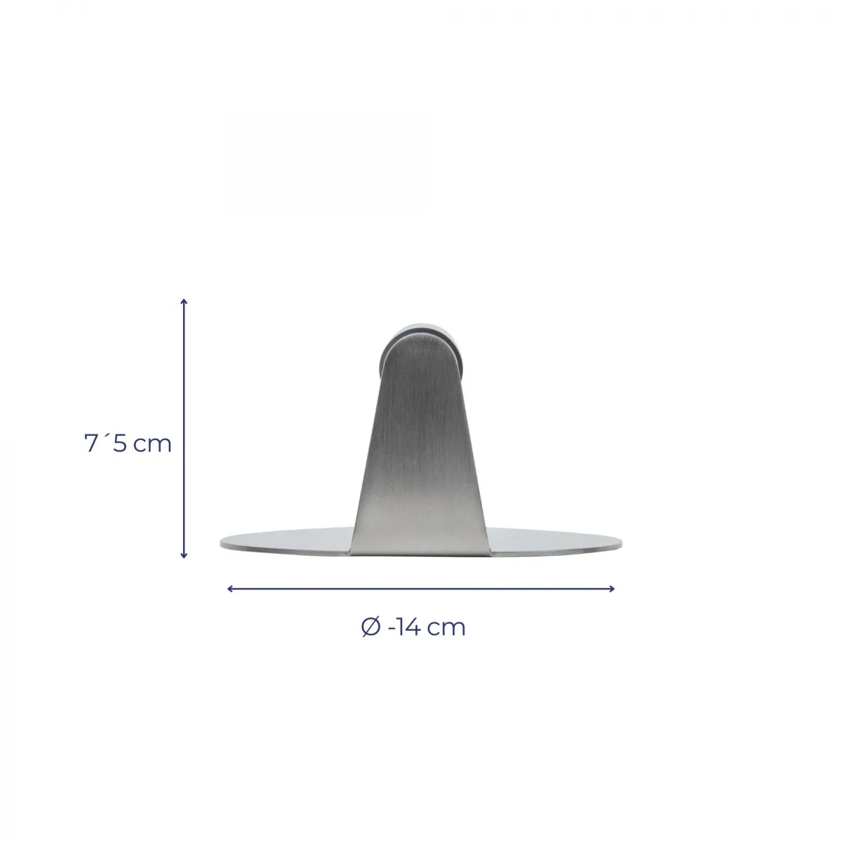 Un objeto de metal con base y parte superior curva. Dimensiones: 7,5 cm de alto y 14 cm de diámetro. Colocado sobre fondo blanco.