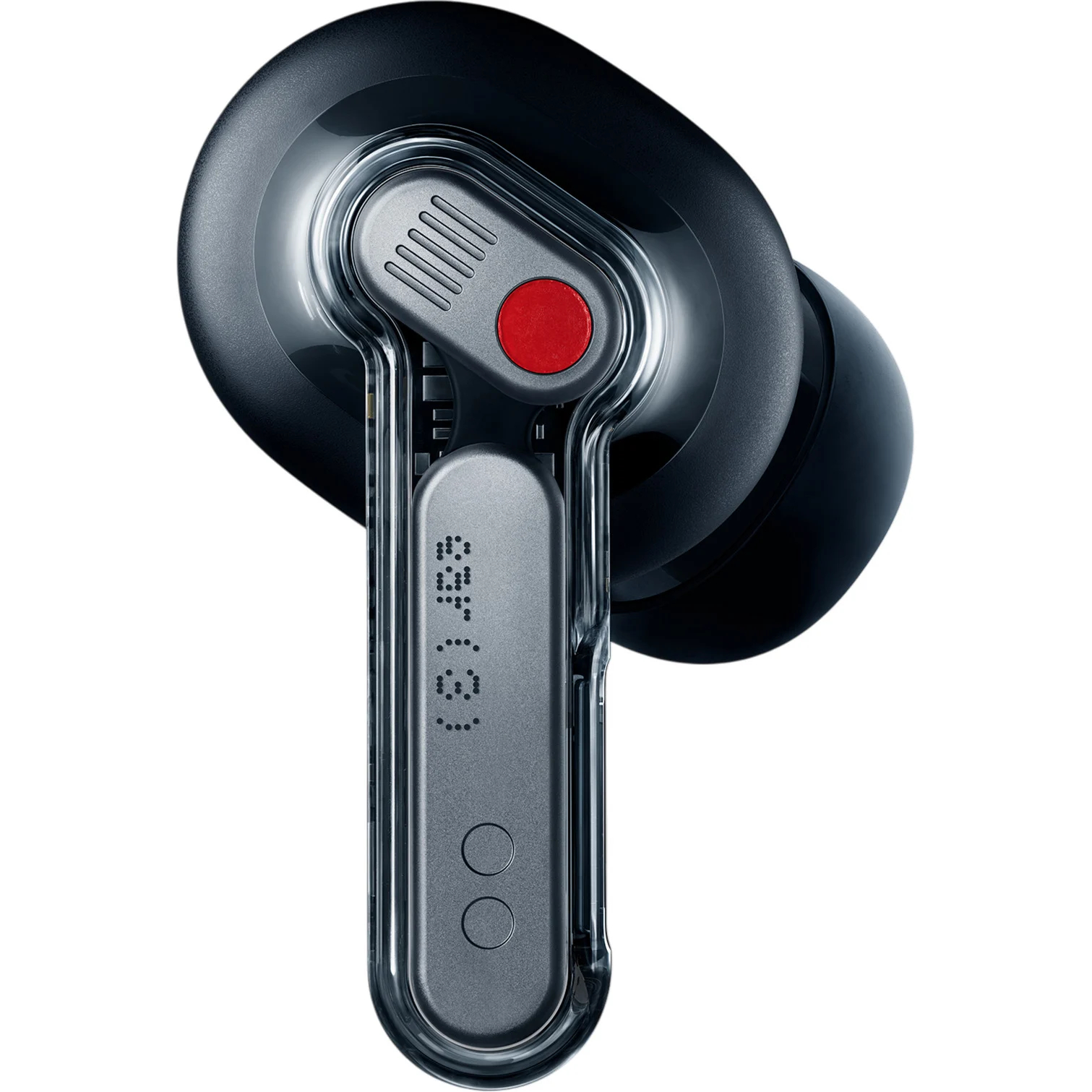 Primer plano de un auricular transparente. Tiene una punta negra, cuerpo gris con punto rojo y carcasa transparente. Marca visible.