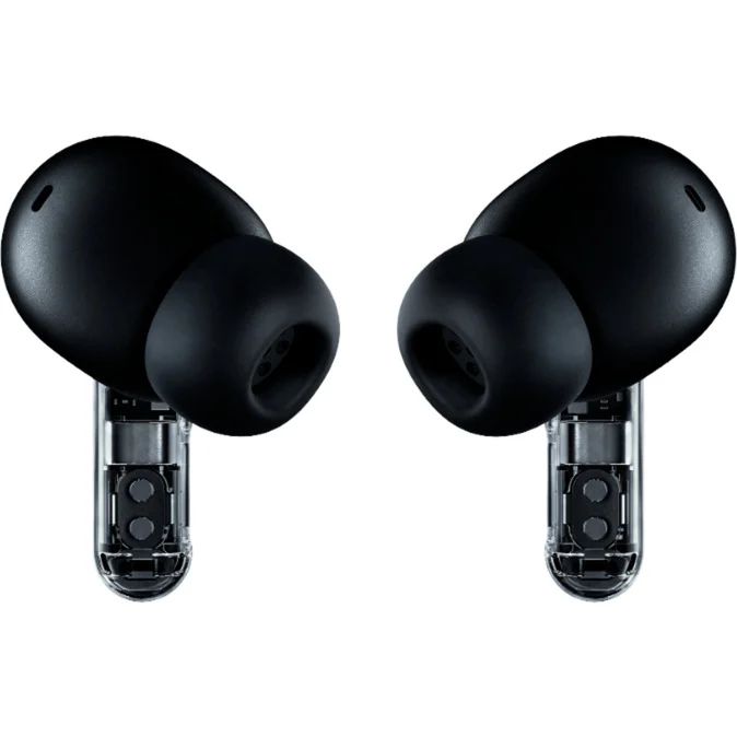 Dos auriculares inalámbricos negros. Cada uno tiene un auricular redondeado y un vástago transparente. El fondo es blanco liso.