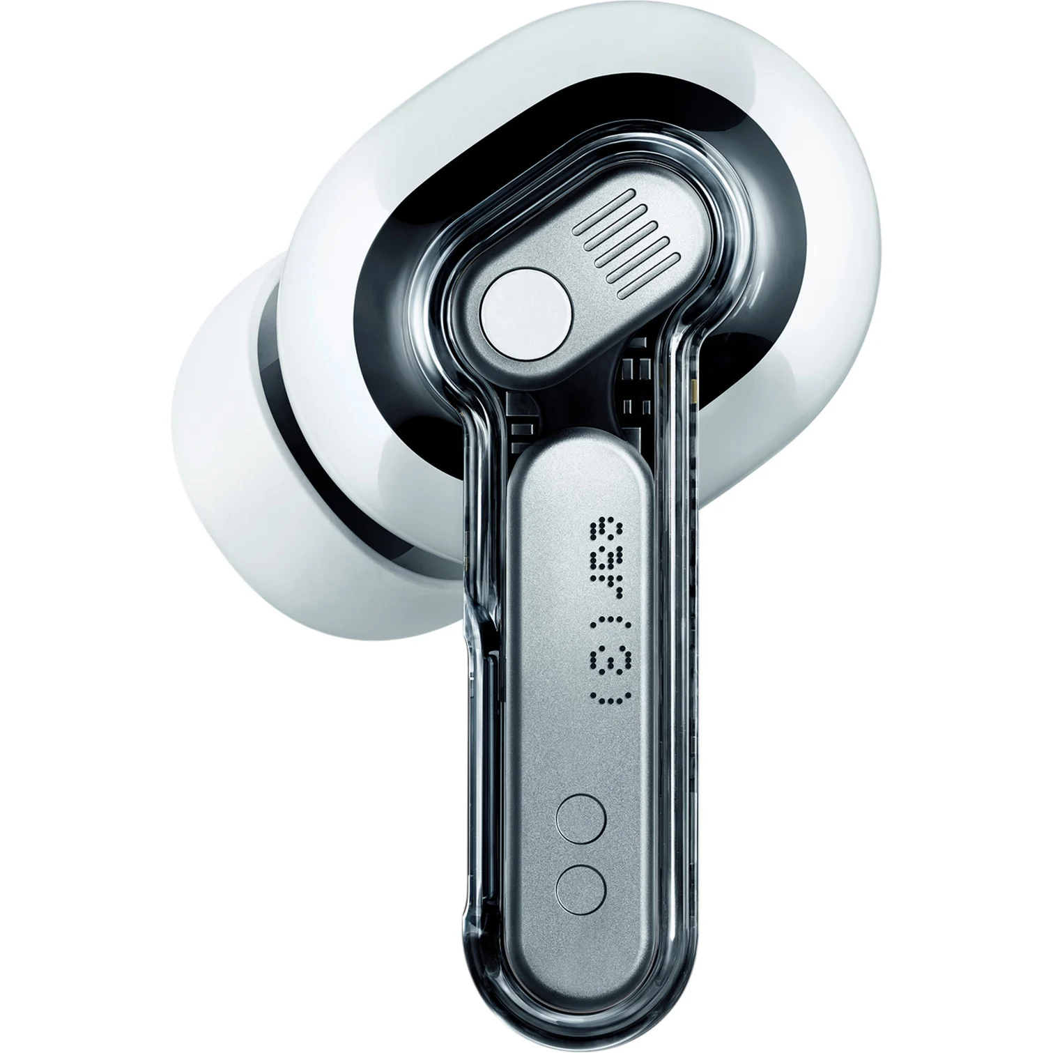 Primer plano de un auricular blanco y gris con un tallo transparente, que muestra el logotipo de la marca. El fondo es blanco.