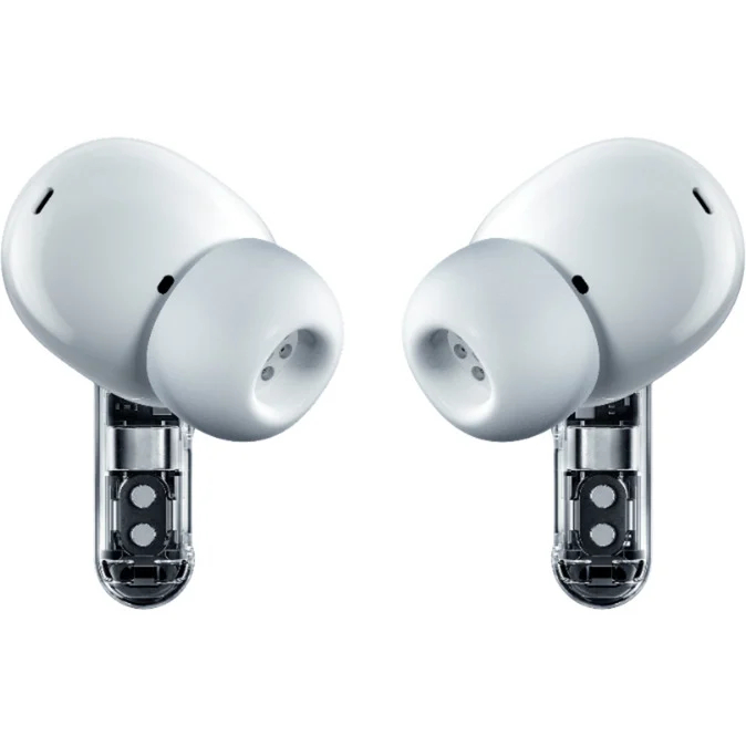 Dos auriculares inalámbricos blancos. Cada uno tiene un auricular redondeado y un vástago transparente con componentes internos.
