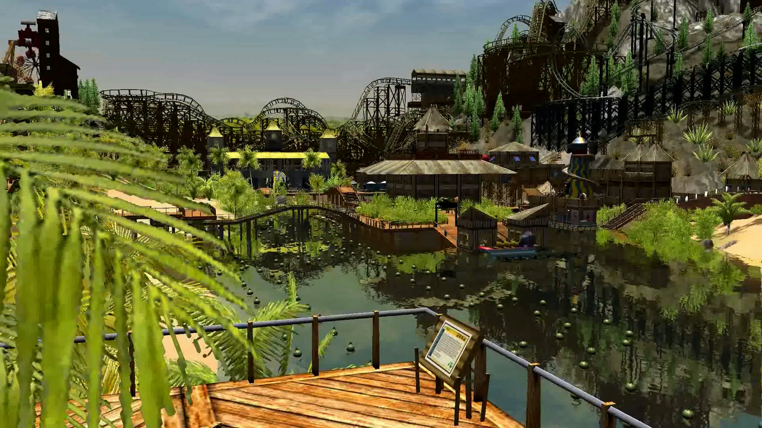 Escena de parque temático con montañas rusas, edificios y fuentes de agua. Palmeras en primer plano. Montañas rusas en el fondo.