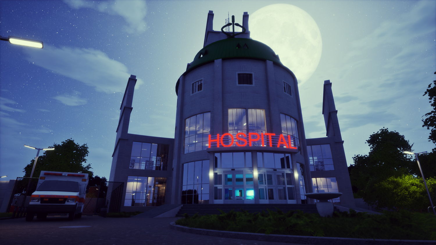 Un hospital moderno de noche con una luna grande. La palabra "HOSPITAL" brilla en rojo. Una ambulancia está estacionada.