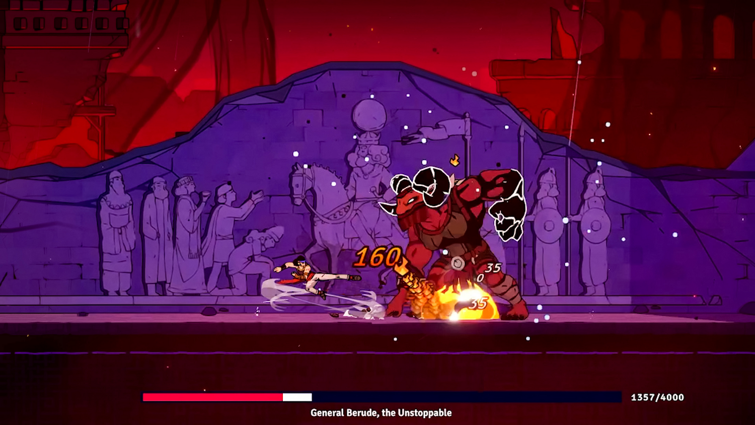 Escena de un videojuego de lucha. Un personaje patea a un demonio rojo. El fondo tiene tallas de piedra de personas y un caballo.